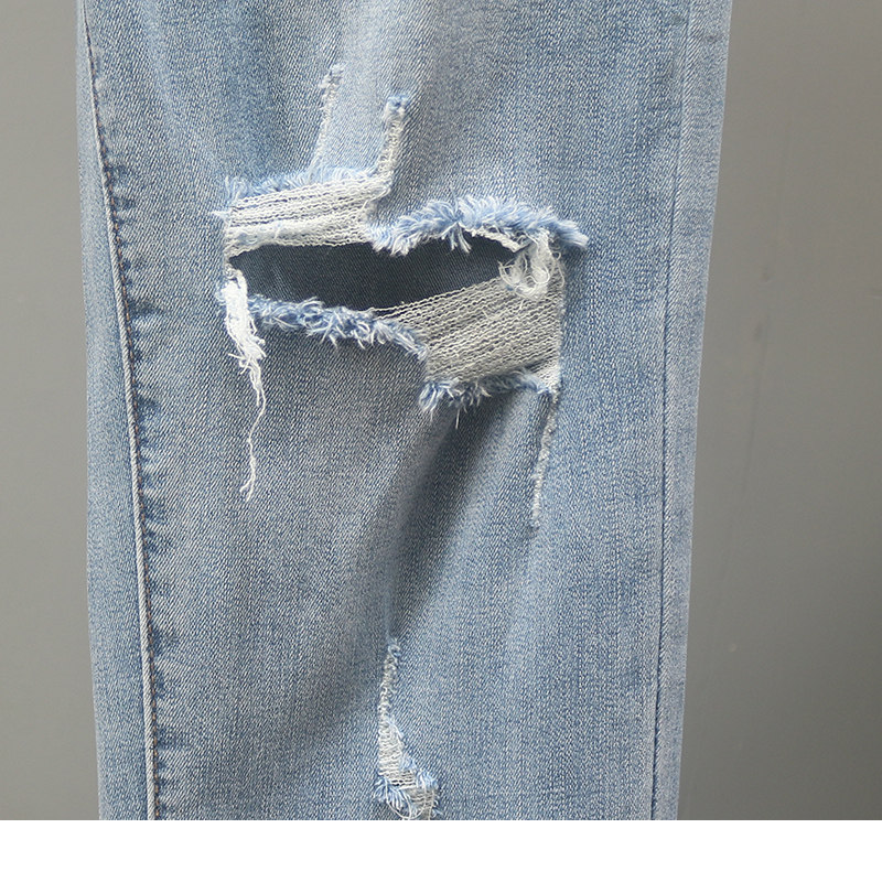 Straight-leg jeans for women in summer 2022, light blue frayed and ripped cigarette tube pants, petite slimming 9-inch pants pic 9