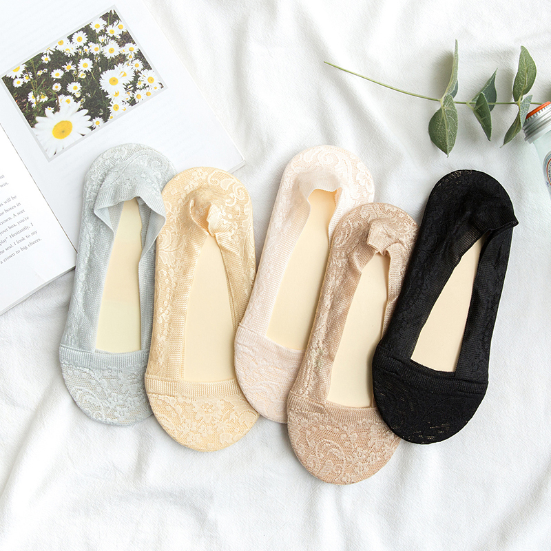 Satin lace socks women's spring and summer thin shallow mouth invisible boat socks silicone non-slip socks low-cut cotton socks