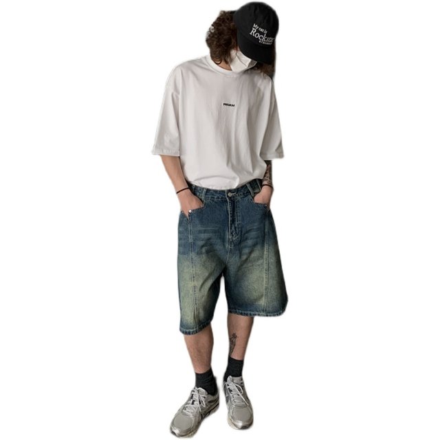 UPDAYWANG Heavy Retro Washed Denim Shorts Couple Japanese Splicing Street Trend Five-Feng Pants Men