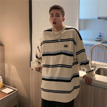 Updaywang New pint male and female loose small Bear embroidered sweater 100 hitch BF wind lovers stitch sweater striped sweater