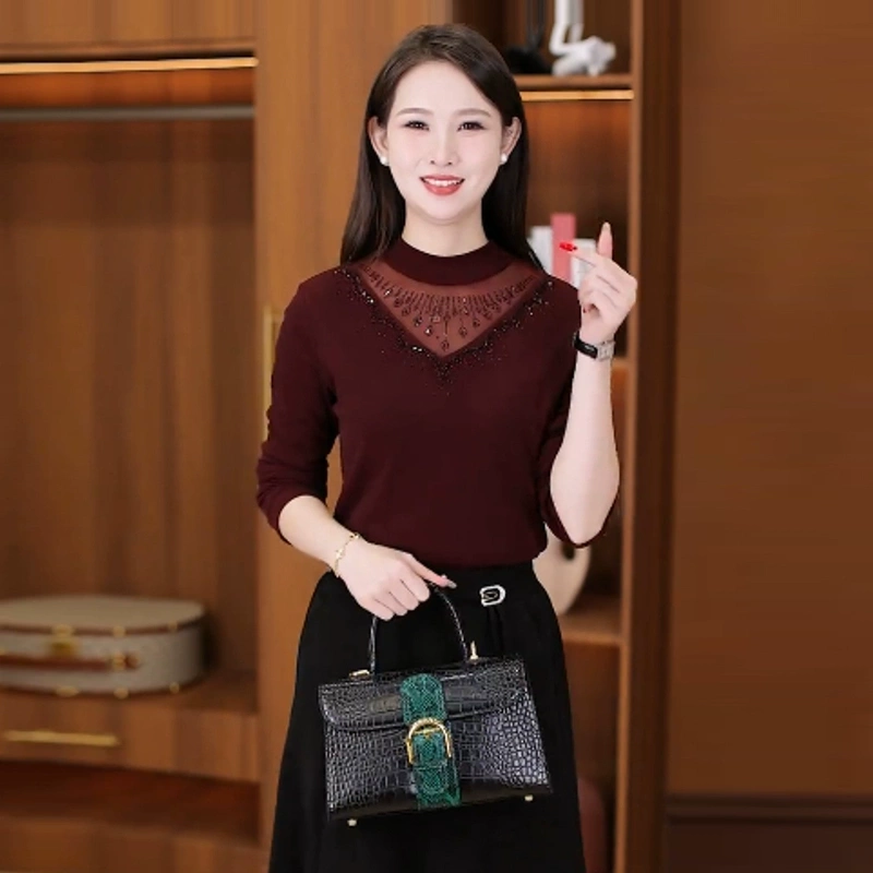 Lace Base Shirt, New Spring Model, This Year's Popular Hot Item, Slimming, Fleece-Lined Inner Layer Top, Long-Sleeved, Beautiful Blouse for Women