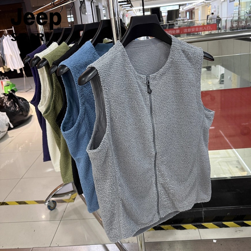 Jeep Spirit Autumn and Winter Soft and Skin-Friendly Men's Fleece Warm Breathable Zipper Vest Collarless Vest Jacket