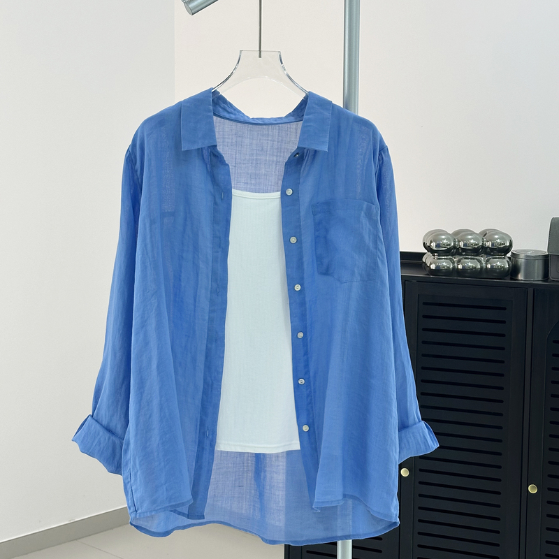 High-End and Elegant Blue Ramie Shirt for Women, New Summer Style, Lightweight, Breathable, Sun-Protective Shirt, Relaxed Fit Top Jacket