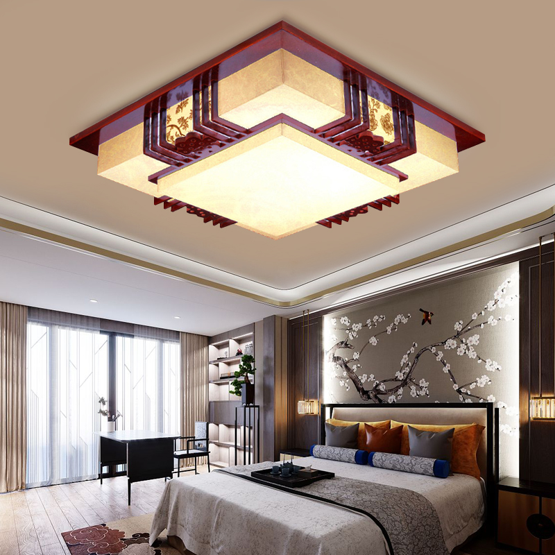 LED Chinese style suction ceiling living room lamp atmosphere cozy solid wood bedroom lamp Book room lamp rectangular antique dining hall lamp