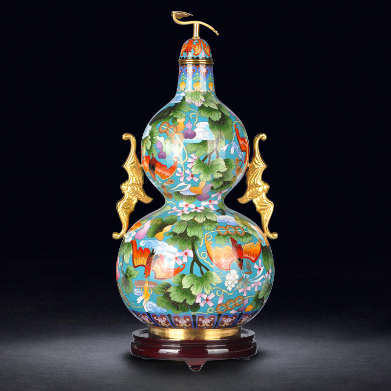 15 Inch Jingtai Blue Vases Bat Ear Calabash Calabash Bottle Copper Tire Enamel Home Swing Accessories Craftsmanship Gift Hem Blue