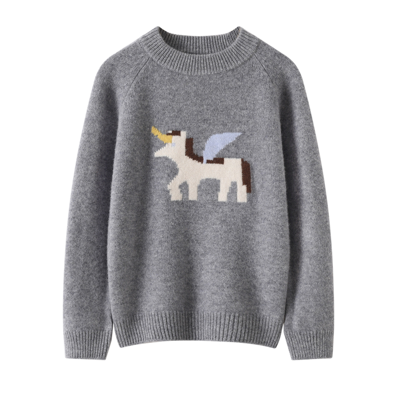 2026 Autumn and Winter New Cartoon Unicorn Gray 100% Wool Round Neck Sweater for Boys and Girls Warm Knitwear 2026 Autumn and Winter New Cartoon Unicorn Gray 100% Wool Round Neck Sweater for Boys and Girls Warm Knitwear