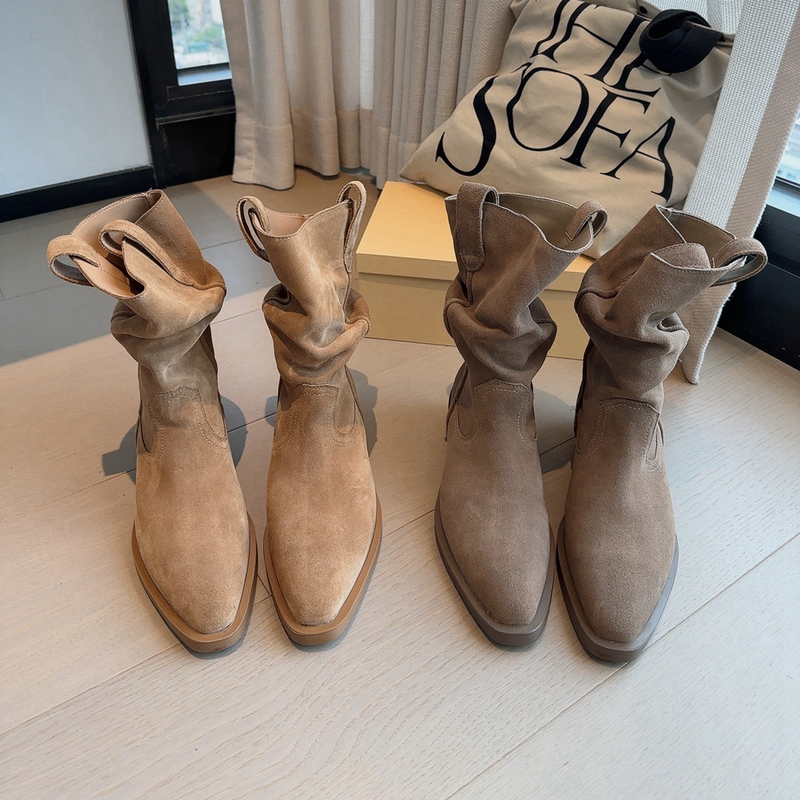 Choumeier Cowhide Melard Stacked Boots for Women 2026 New Pointed Toe Western Cowboy Boots Matte Wrinkled Ankle Boots