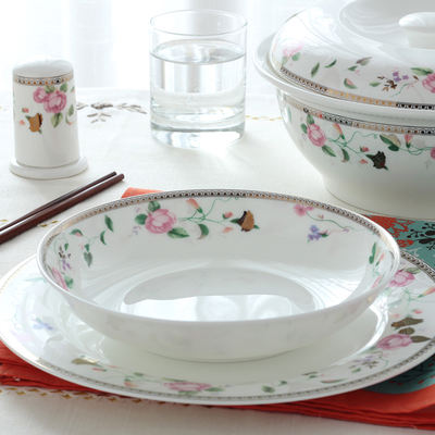 Fresh and floral-patterned household bone China tableware, ceramic bowls and plates, bowl and plate set combination, rice bowl, noodle bowl, vegetable plate, flat plate, fish plate