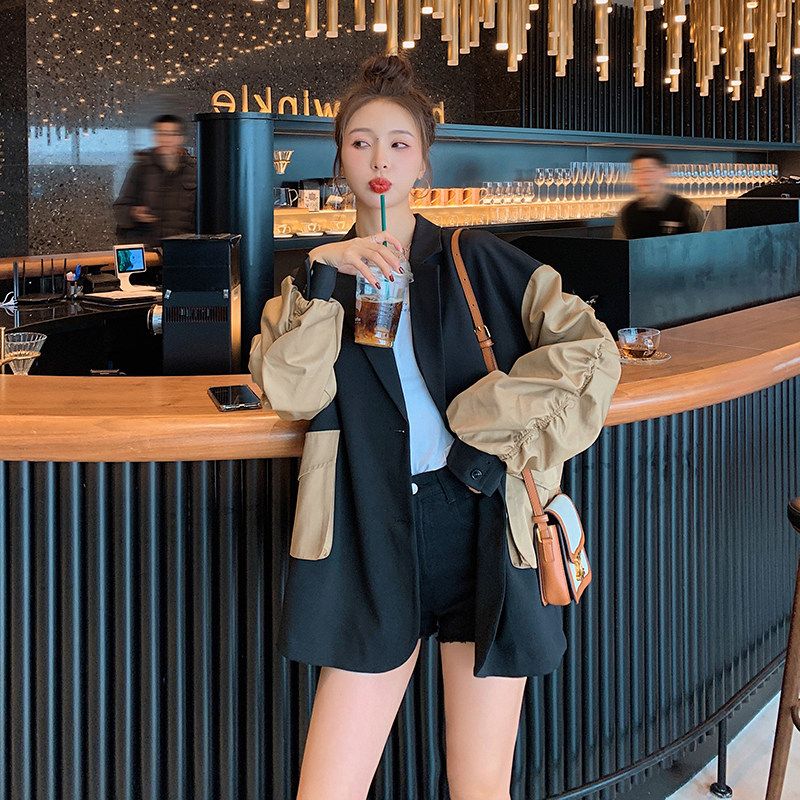 European Station 2022 New Spring and Autumn Clothing Korean Style Contrasting Color Stitching Suit Collar Waist Casual Small Windbreaker Coat Women's Fashion