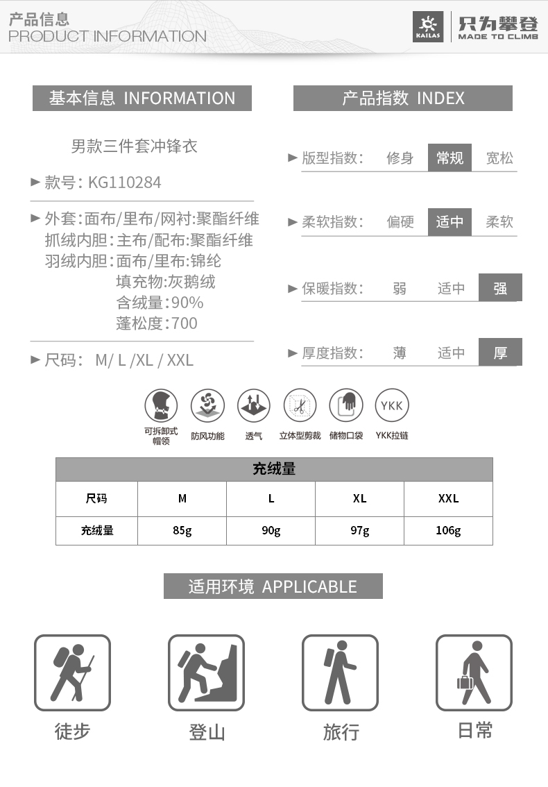 凯乐石 男士暴雨级防风防水 三合一冲锋衣 羽绒+抓绒双内胆 图14