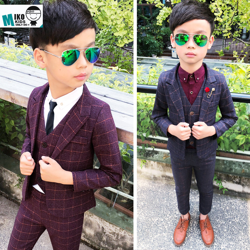 Autumn Winter Thickened Children's Dress Children Plaid Suit Three Sets Boy Small Suit Suit Flower Boy Dress Rehearsal