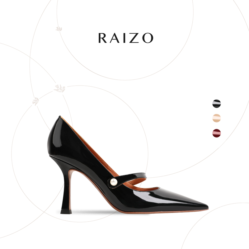 Raizo Handmade Mary Jane Spring High Heels for Women, New Style, Comfortable Genuine Leather Sole, Pointed Toe, Stiletto Heel, Shallow Patent Leather