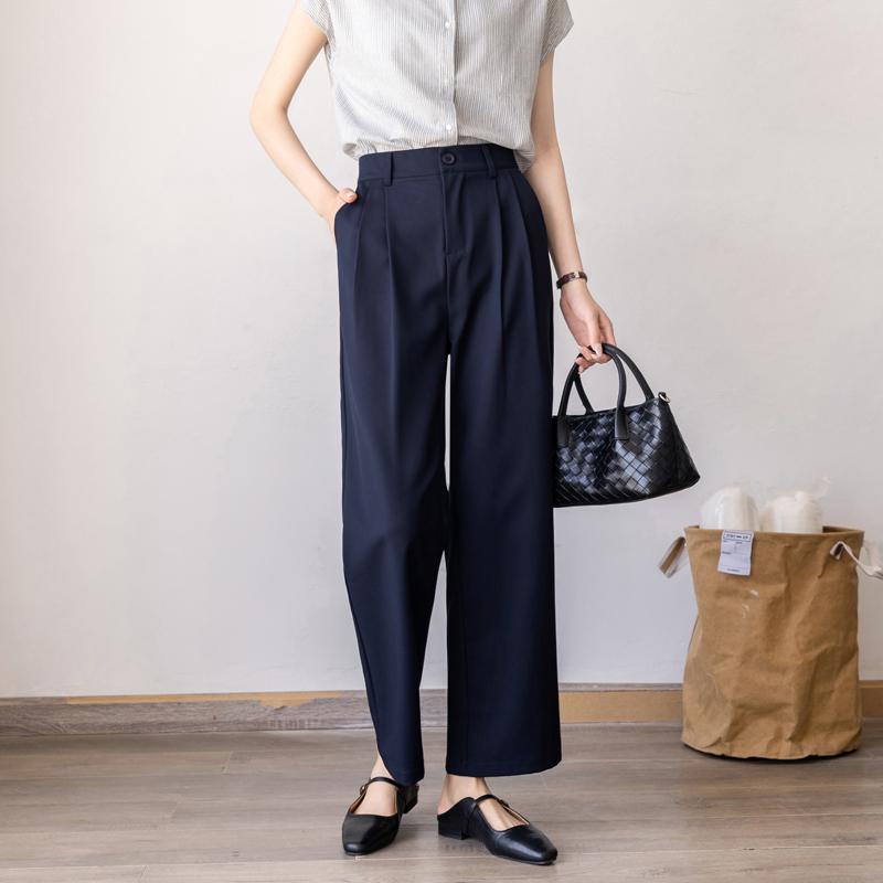 Navy Blue Straight-Leg Pants for Women, Spring and Summer Thin Style, Korean Version, High-Waisted, Loose Wide-Leg Pants, Casual Suit Pants