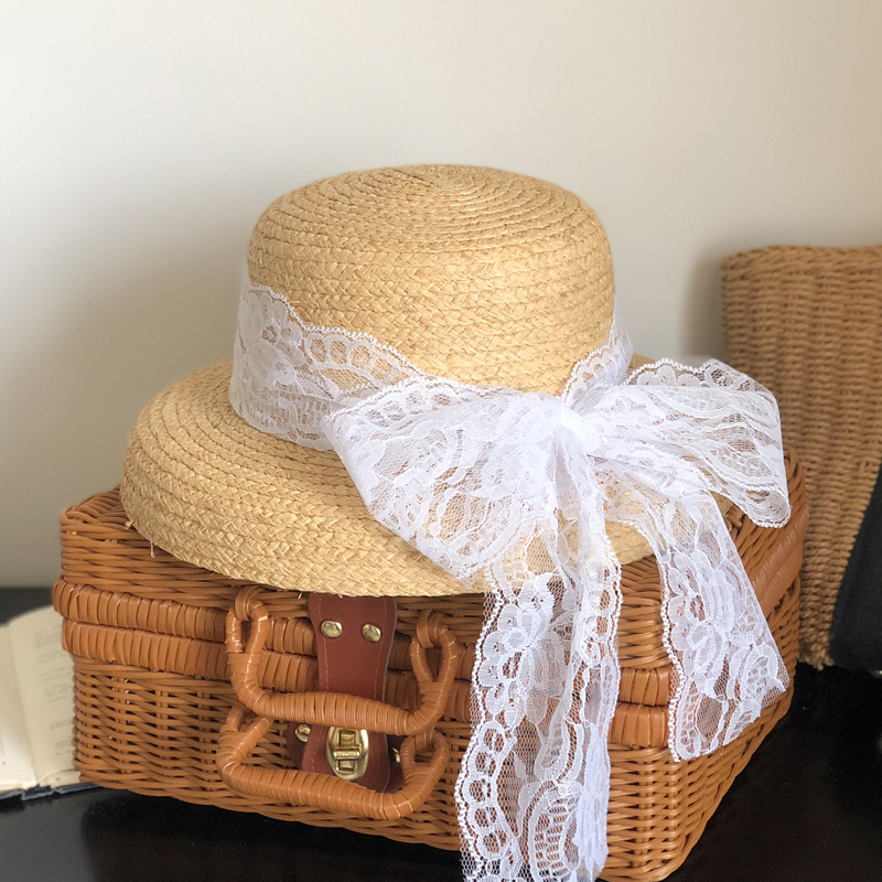 French Retro Lampshade Lace Raffia Hat Flat-Top Lampshade Hat British Style Pot Lid Hat Beach Sun Hat for Women Summer