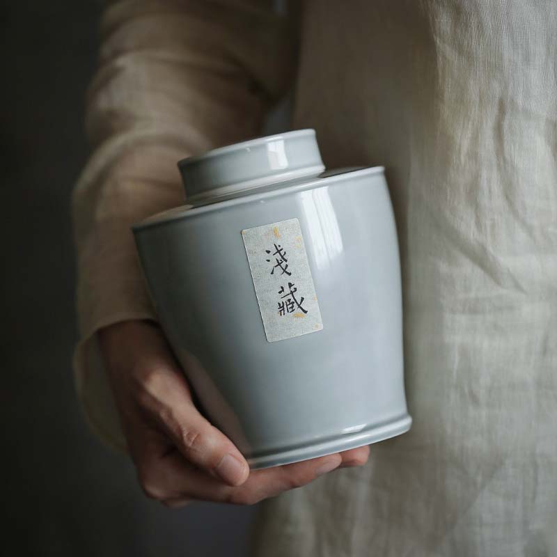 Yajitang shallow storage fog gray tea tank ceramic Cork double cover sealed tea tank storage tank Y