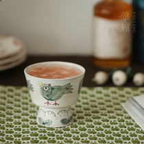 Ya Jia green bird and peony flower carved high foot cup small glass hand painted small dish dessert Cup