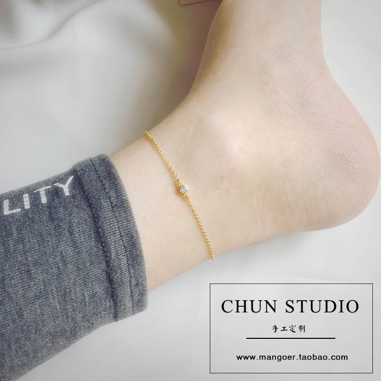 Handmade, đơn giản, hàng nhập khẩu của Mỹ, vàng 14K, siêu flash, một viên kim cương, zircon, vòng chân tốt, không phai - Vòng chân lắc chân