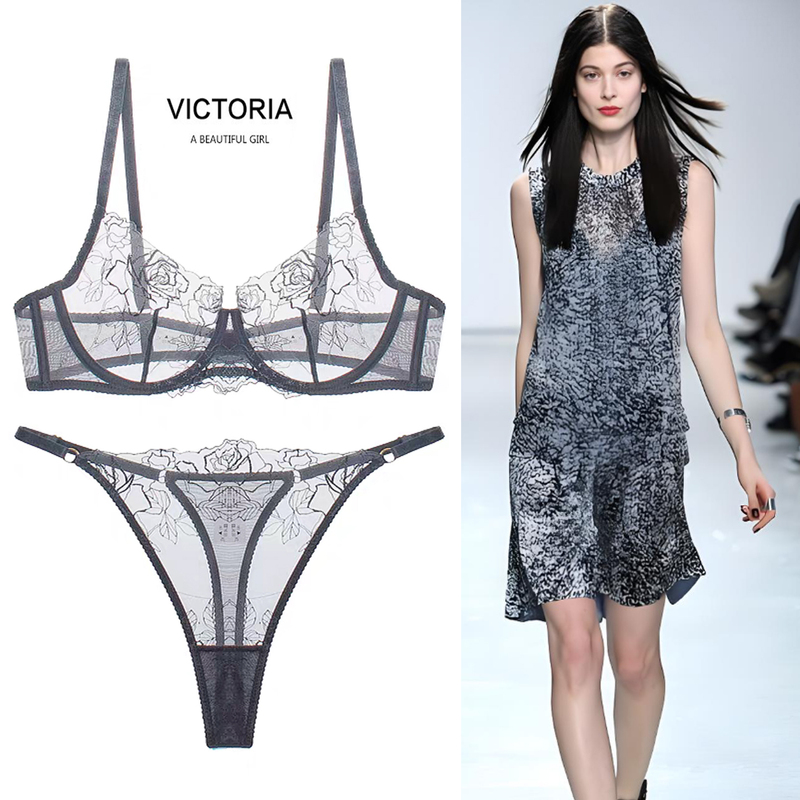 Victoria's Secret Sexy Lace Embroidery Ultra-Thin Women's Lingerie Transparent Pure Desire Bra Set Breathable Without Padding
