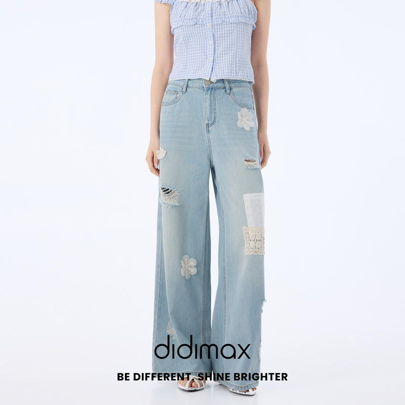 Didimax New Summer Style Straight-Leg Light-Colored Jeans with Patchwork and Ripped Design Wide-Leg Pants X59172