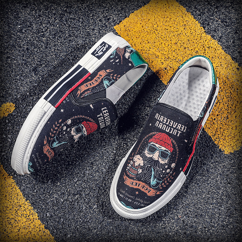 Canvas Shoes Men's Football Trend Men's Low Help Breakfast Shoes Doodle Plate Shoes Boys Han Edition