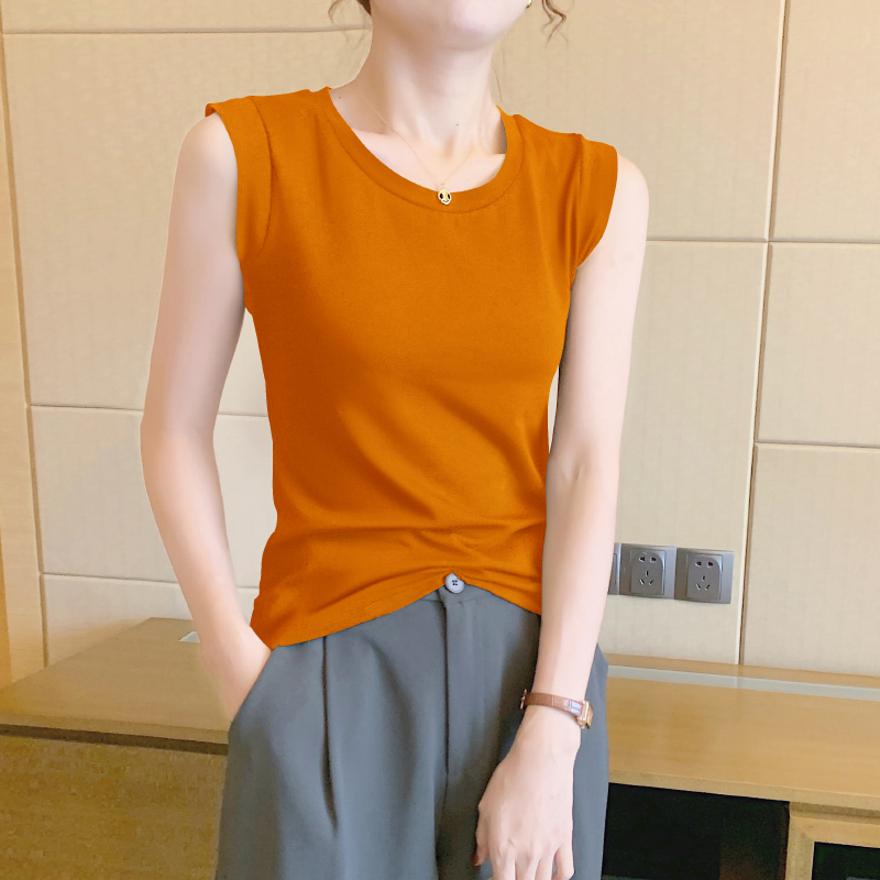 Orange Pure Cotton Round Neck Sleeveless Camisole Tank Top for Women, Suitable for Layering or Wearing Alone, New Summer Style Sleeveless T-Shirt Top
