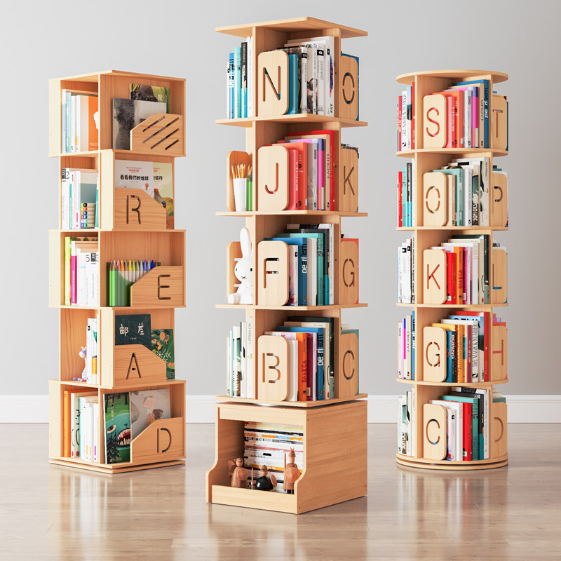 Solid wood revolving bookshelf 360-degree bookcase storage picture book shelf simple primary school students children simple floor shelf