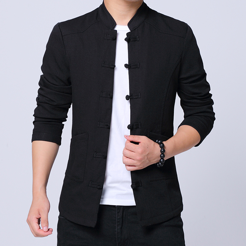 Social Black Zhongshan dress Tang Clothing Male Blouse Single Piece Upper Beach Clothing Jacket Pan Button for improved Han uniforms Fall