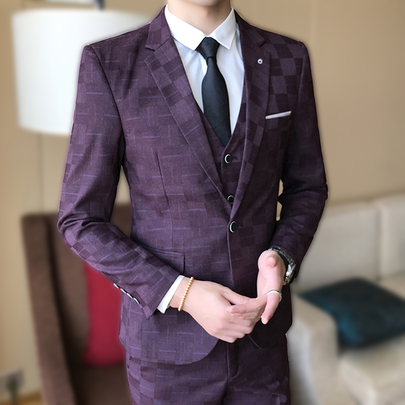 西服套装男修身韩版休闲正装新郎结婚格子小西装发型师三件套英伦