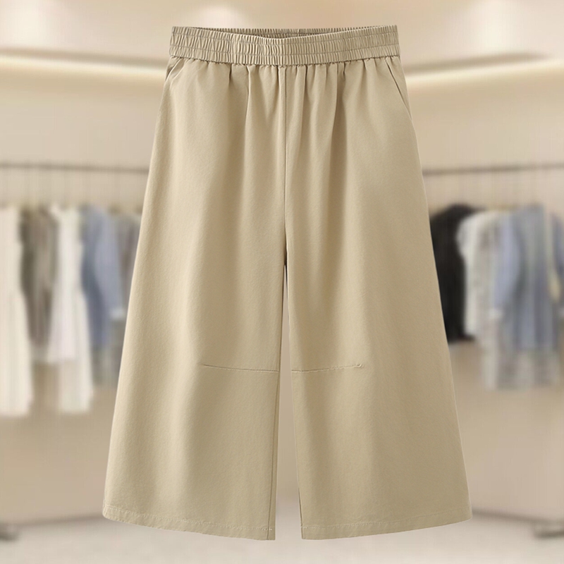 Khaki Cropped Pants for Women, Summer Thin Style, Plus Size, Loose Casual Straight-Leg Washed Cotton Mom Pants