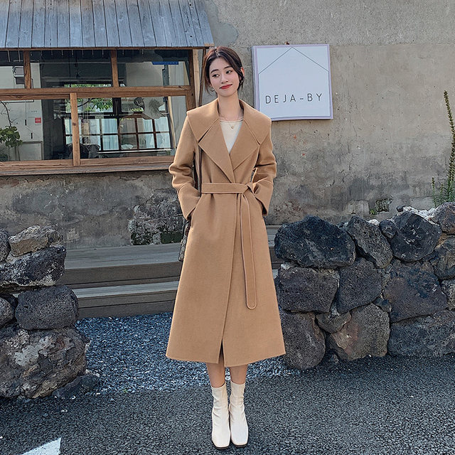 Camel double-sided cashmere coat for women 2023 new autumn and winter large lapel waist slimming wool woolen coat