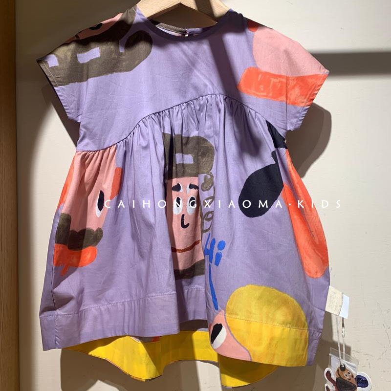High - end custom children's dress 2023 summer dress girl baby girl fun printed round cotton dress