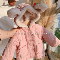 Korean childrens clothing 2022 winter girls fleece warm cotton clothing childrens lamb wool baby rabbit ears hooded jacket