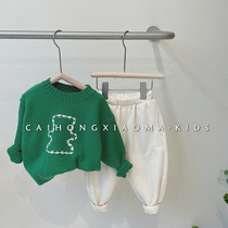 Korean childrens clothing 2022 winter boys and girls Korean version of childrens foreign style sweater sweater comfortable plus velvet casual pants