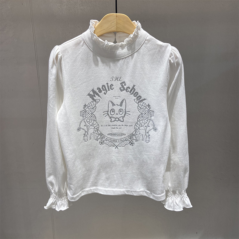 Korean children's clothing spring and autumn new children's women's pure cotton white foreign style bottoming shirt round neck embroidery bubble long-sleeved top