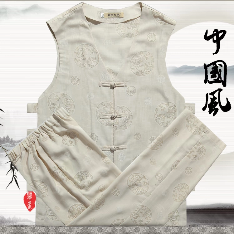 Mùa hè của nam giới Tang phù hợp với vest trung niên cotton và linen không tay vest Trung Quốc kích thước lớn cộng với chất béo ngựa già ...