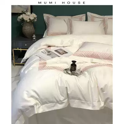 Simple and light luxury style 80 long-staple cotton satin four-piece cotton embroidery quilt cover bed sheet Hotel bedding