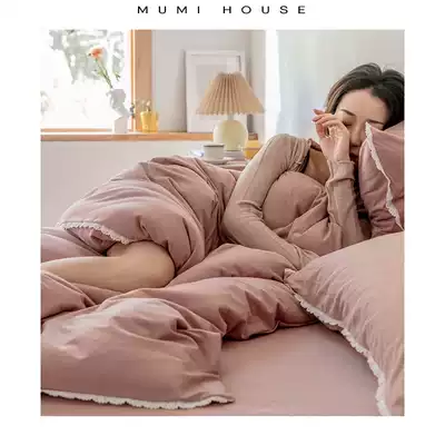 Sleep naked 100% cotton pure cotton knitted cotton Tianzhu cotton bed four-piece set of simple Japanese solid color quilt cover bed single