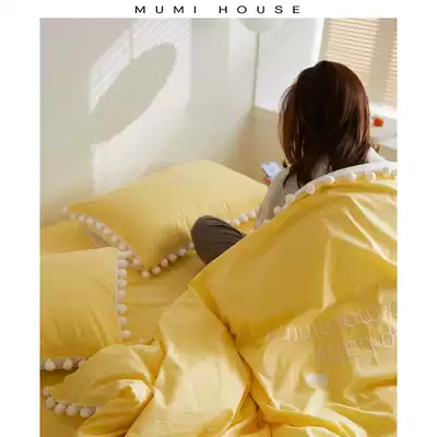 Simple 100% cotton washed cotton wool ball edge four-piece girl's heart pure cotton bed sheet duvet cover bedding solid color
