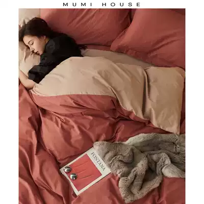 Brushed 100% cotton pure cotton high-end four-piece set thickened spring solid color plush cotton bed linen bed Single bedding