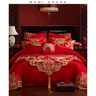 Wedding four-piece group Big red cotton satin embroidery wedding gift multi-piece bedding high-end wedding bed happy quilt