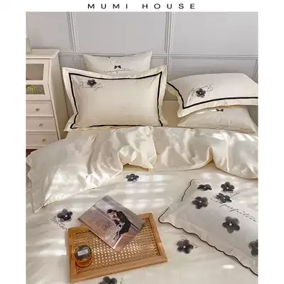 Simple small fresh style flower 100 long-staple cotton four-piece set new cotton pure cotton embroidery quilt cover 1 8m