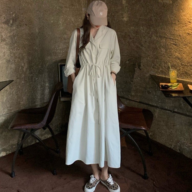 Korean version loose waist slim temperament casual suit collar dress long shirt skirt Japanese tie French luxury