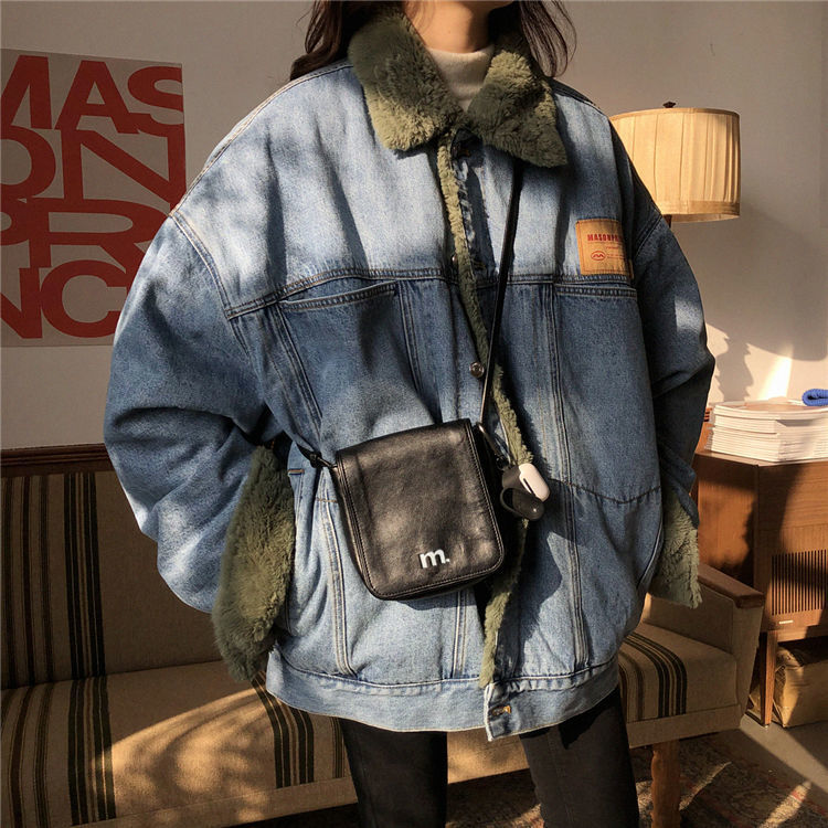 Plush thickened denim jacket female students winter loose cotton clothing cotton clothing high-level sense good-looking commuting retro