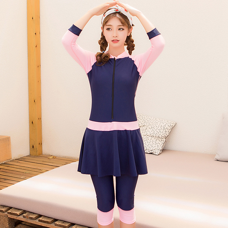 South Korean girl student long sleeve sunscreen one-piece seven-point boxer Conservative belly thin swimming clothes