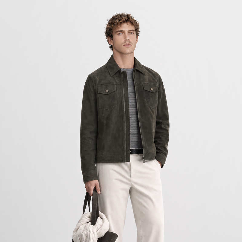 Lqy Sheepskin Genuine Leather Jacket for Men, American Style, Turn-Down Collar, Short Old Money Style, Men's Casual Suede Jacket