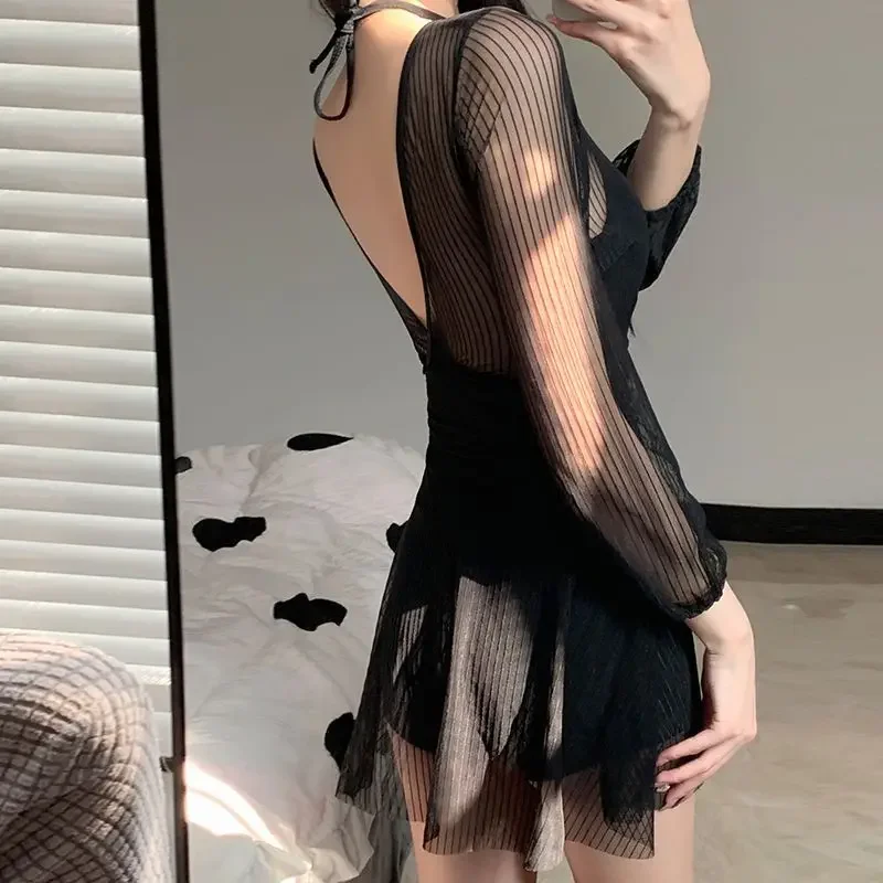 Swimsuits for women summer 2025 new one-piece dress style belly-covering and slimming conservative lace long-sleeved small breast steel support hot spring swimsuit