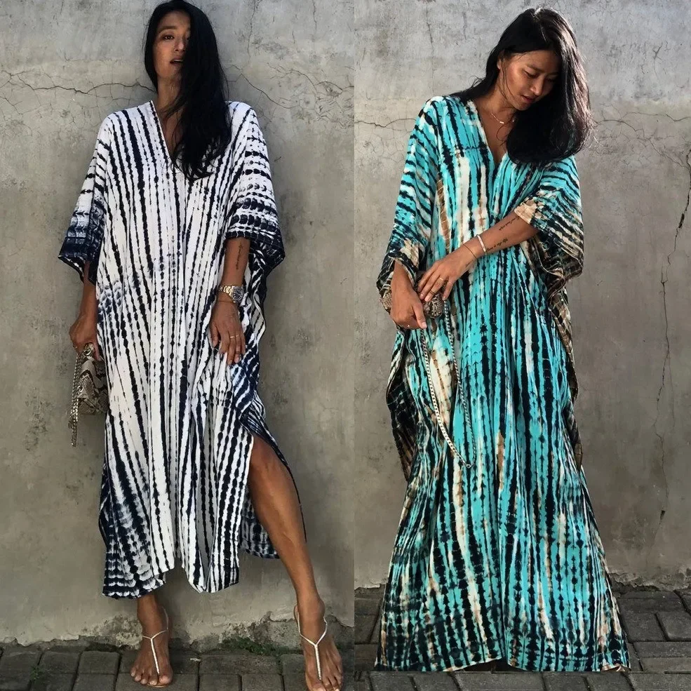 Factory Sales Beach Caftan Loose Tie-Dye Robe Vacation Cover-up Sun Protective Clothing Drop Shipping