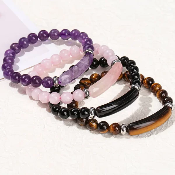 European and American Cross-Border Amazon Rose Quartz Bracelet Green Aventurine Tiger Eye Raw Stone Bracelet Simple Popular Fashion Bracelet Decoration