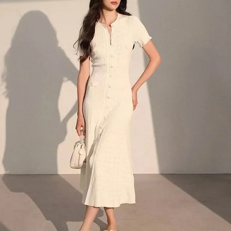 Cross-border Temperament Lace Short-sleeved Knitted dress Hollow-out Single-breasted Long Dress Fashionable Tight Waist Slimming Sweater Dress