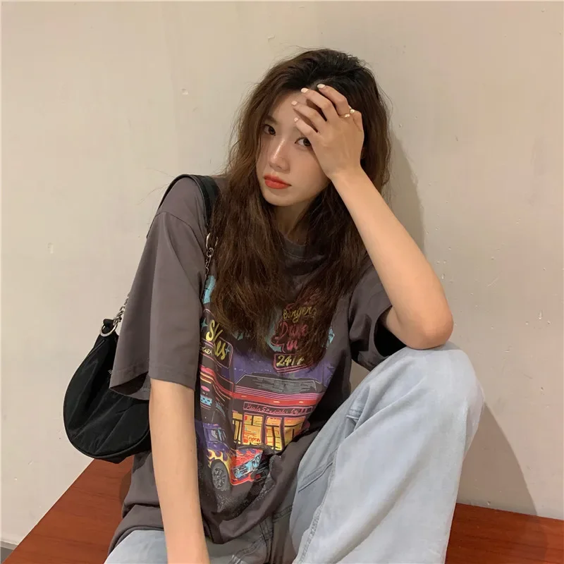 Korean Vintage Print Summer Loose Short-Sleeve T-Shirt for Women 2025 Spring Plus Size Base Layer Top Women's Wholesale